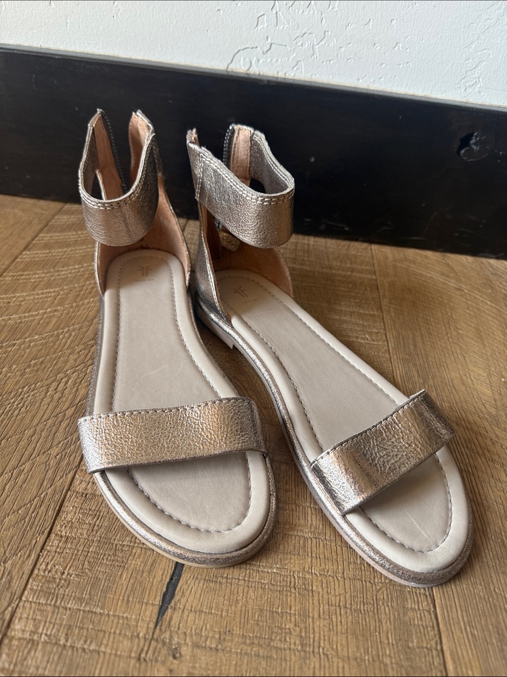 Frye Metallic Rose Gold Ankle-Strap Flat Sandals